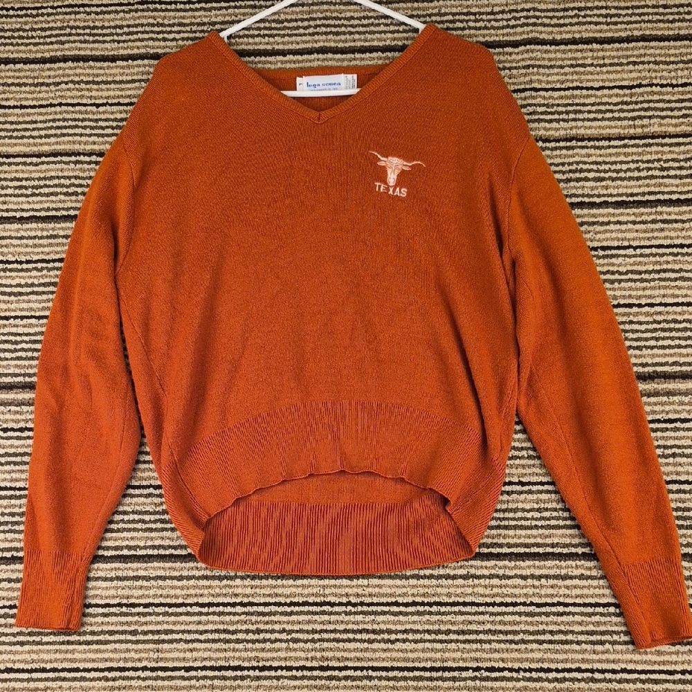 TEXAS LONGHORNS Orange Weave Orlon Acrylic Mens Sz L Slim V Neck Sweater VTG 90s